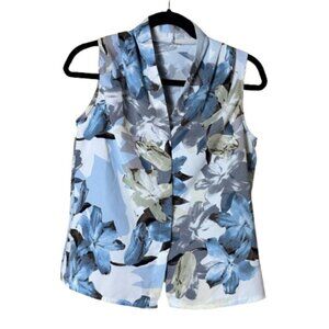 DAZY Shawl Collar Sleeveless Blue Floral Top Size Small